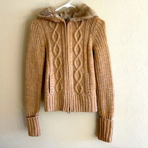 Cableknit zip up with Fur-lined hood